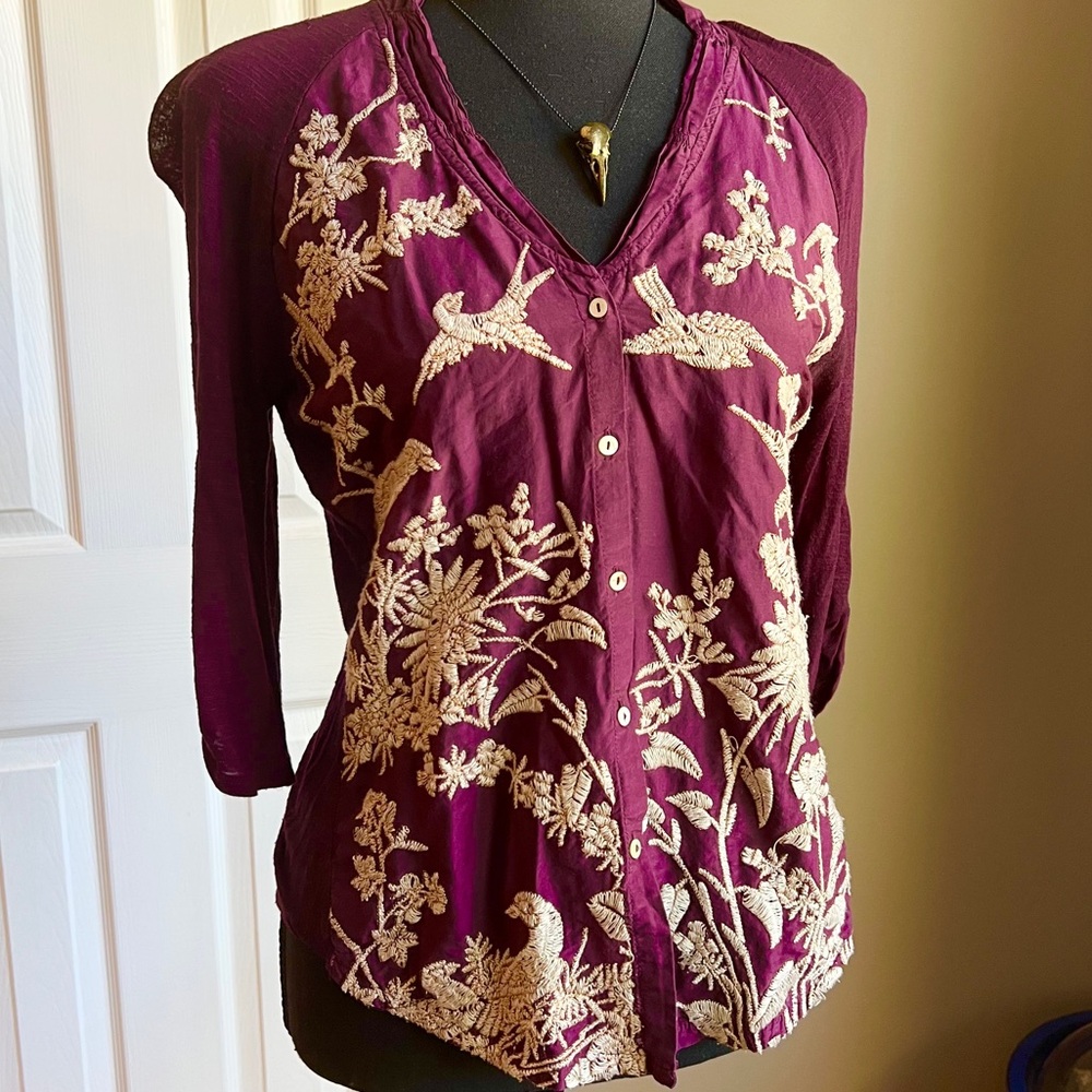 Anthropologie Embroidered Button-Front Top in Plum
